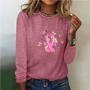 DODADAWANJ Breast Cancer Awareness Shirts for Women Pink Ribbon Graphic T-shirts Trendy Pink Butterfly Print T Shirts Casual Long Sleeve Tshirt Loose Fitted Crewneck Tops for Cancer Survivor