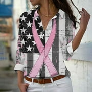 DODADAWANJ Breast Cancer Lapel Shirts for Women Pink Ribbon American Flag Graphic T-shirts Long Sleeve Breast Cancer Awareness Tshirt Plus Size Button Down Tops 2024