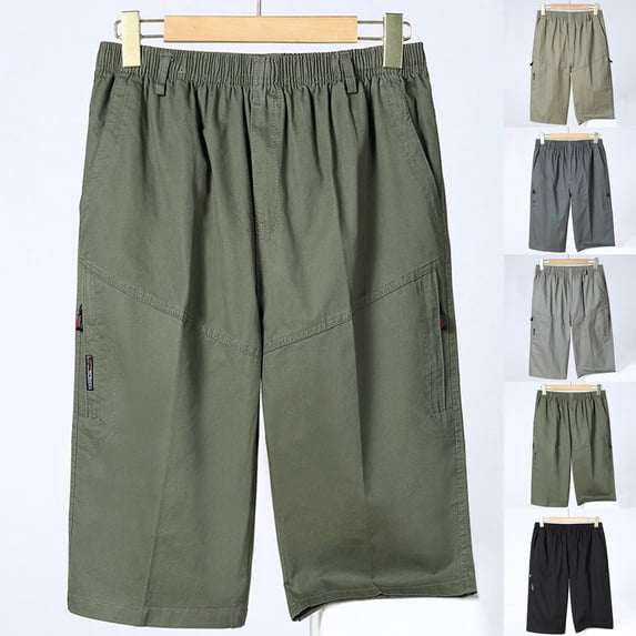 DODADAWANJ Capri Cargo Pants for Men Elastic Waist Wide Leg Pants Big and Tall Beach 3/4 Pant Loose Fit Below the Knee Shorts with Pockets Yellow XXXL