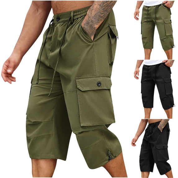 DODADAWANJ Capri Cargo Pants for Men Wide Leg Elastic Waist 3/4 Pants with Pockets Summer Casual Below Knee Long Shorts Hiking Outdoor Pants Black XL