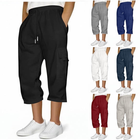 DODADAWANJ Cargo Pants for Men Loose Fit Big and Tall Capri Pant Elastic Waist Below Knee Long Shorts Summer Casual Pants with Pockets Gray XXXL