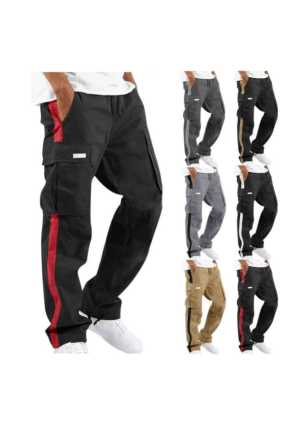 Cargo Tactical Pants for Men with Multi Pockets Fashion Color Block Print Hiking Outdoor Cargo Pant Casual Drawstring Elastic Waist Wide Leg Pant Red XL