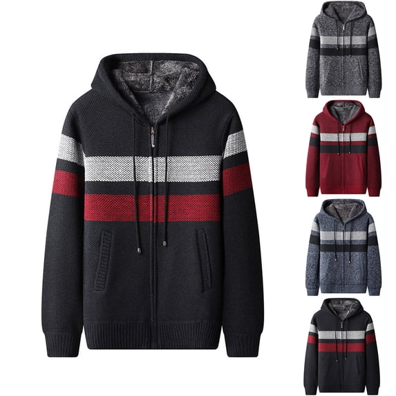DODADAWANJ Color Block Hoodie for Men Fleece Lined Thick Winter Jacket Big and Tall Zip Up Warm Jackets Autumn Streetwear Coat with Hood Wine M
