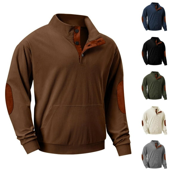 DODADAWANJ Corduroy Shirts for Men Big and Tall Button Up Stand Collared Pullovers with Pockets Big and Tall Long Sleeve Tops with Elbow Padded Gray M