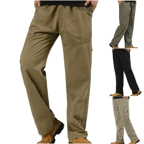 DODADAWANJ Cotton Cargo Pants for Men with Zipper Pockets Elastic Waist Tactical Pants Big and Tall Straight Leg Casual Pants for Hiking Camping Climbing
