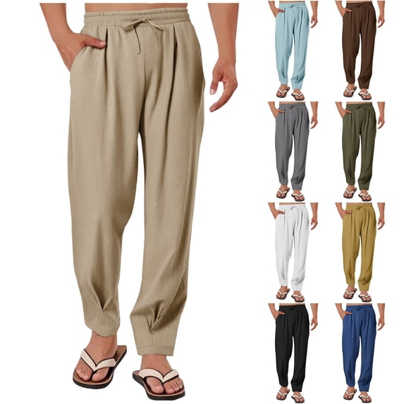 DODADAWANJ Cotton Linen Pants Men Big and Tall Drawstring Elastic Waist Pant Pleated Summer Beach Trousers with Pockets White XXL