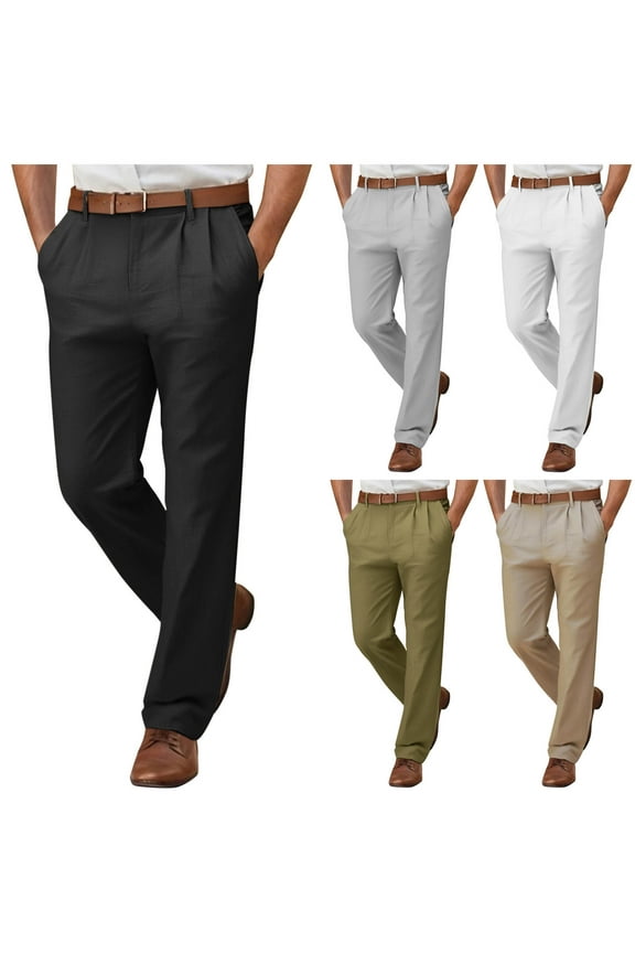 Cotton Linen Pants for Men Dressy Casual Pleated Business Office Slacks Solid Color Straight Leg Trousers with Pockets Black L