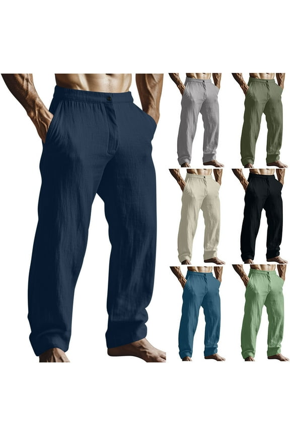 Cotton Linen Pants for Men Elastic Waist Wide Leg Zipper Fly Casual Pants Straight Fit Slacks Comfy Beach Pants for Camping Gym Daily
