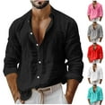 thumbnail image 1 of DODADAWANJ Cotton Linen Shirts for Men Full Sleeve Button Down Shirt Lightweight Loose Fit Casual Tops Summer Beach Vacation Outfits Pink XL, 1 of 7