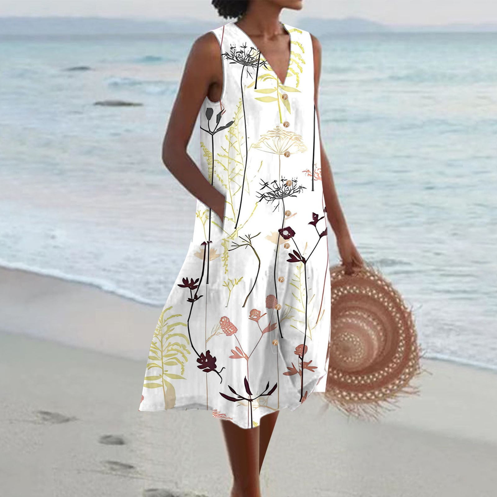 Gaun Musim Panas Tanpa Lengan Leher V untuk Wanita - Gaun Pantai Boho yang Longgar dengan Kantong, Motif Bunga Matahari Beige
