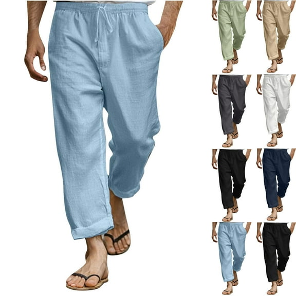 DODADAWANJ Cotton and Linen Pants for Men Big and Tall Summer Beach Pant Casual Drawstring Elastic Waist Trousers with Pockets Green XXL