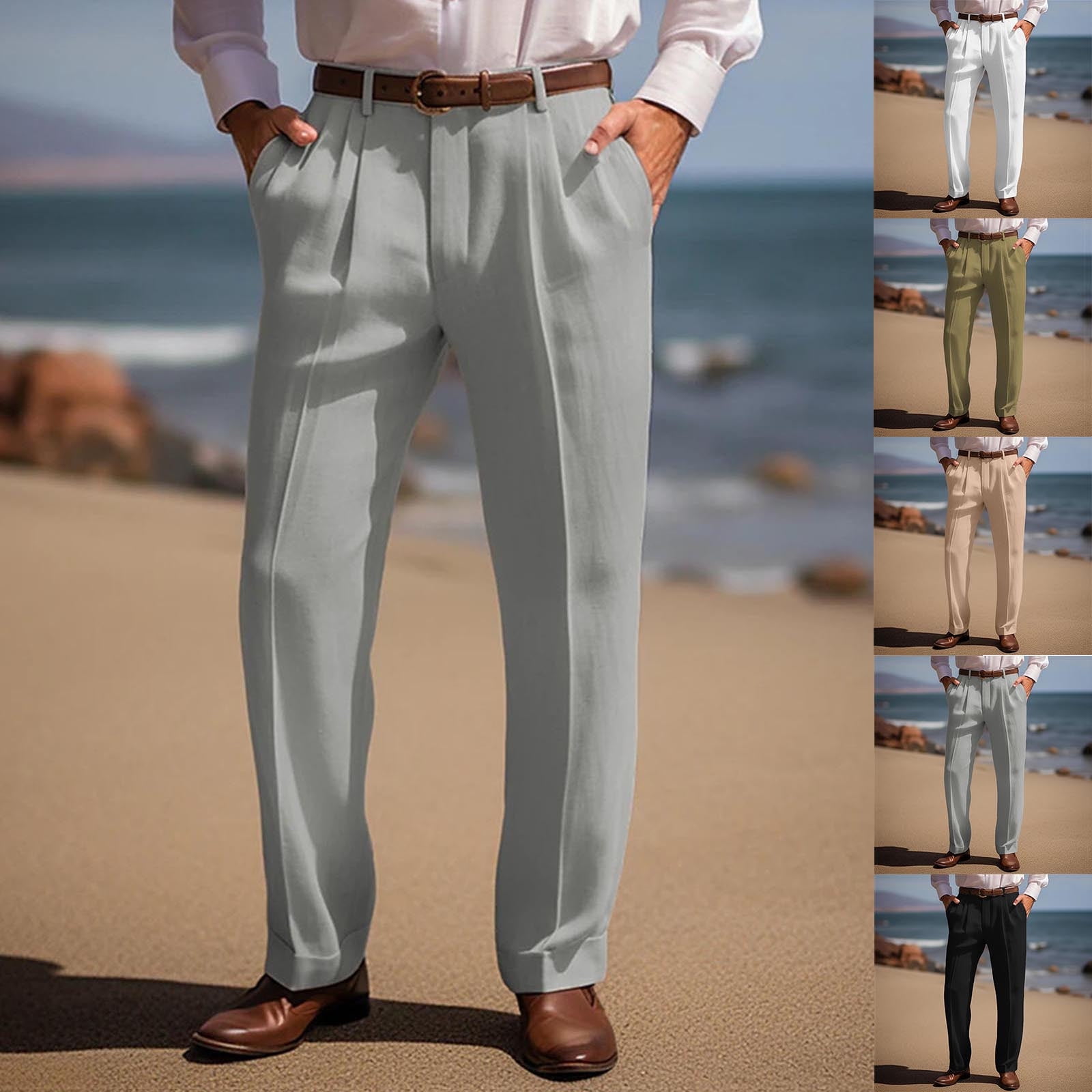 DODADAWANJ Dressy Casual Pants for Men Cotton Linen Straight Leg ...