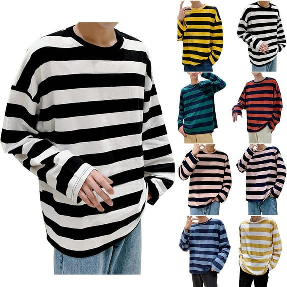 DODADAWANJ Drop Shoulder T Shirt Men Casual Long Sleeve Striped Graphic Tees Loose Fitted Crew Neck Loungewear for Men Orange XXL