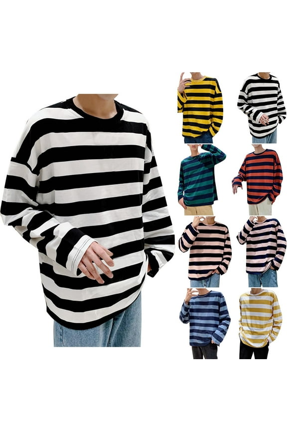 Drop Shoulder T Shirt Men Casual Long Sleeve Striped Graphic Tees Loose Fitted Crew Neck Loungewear for Men White M