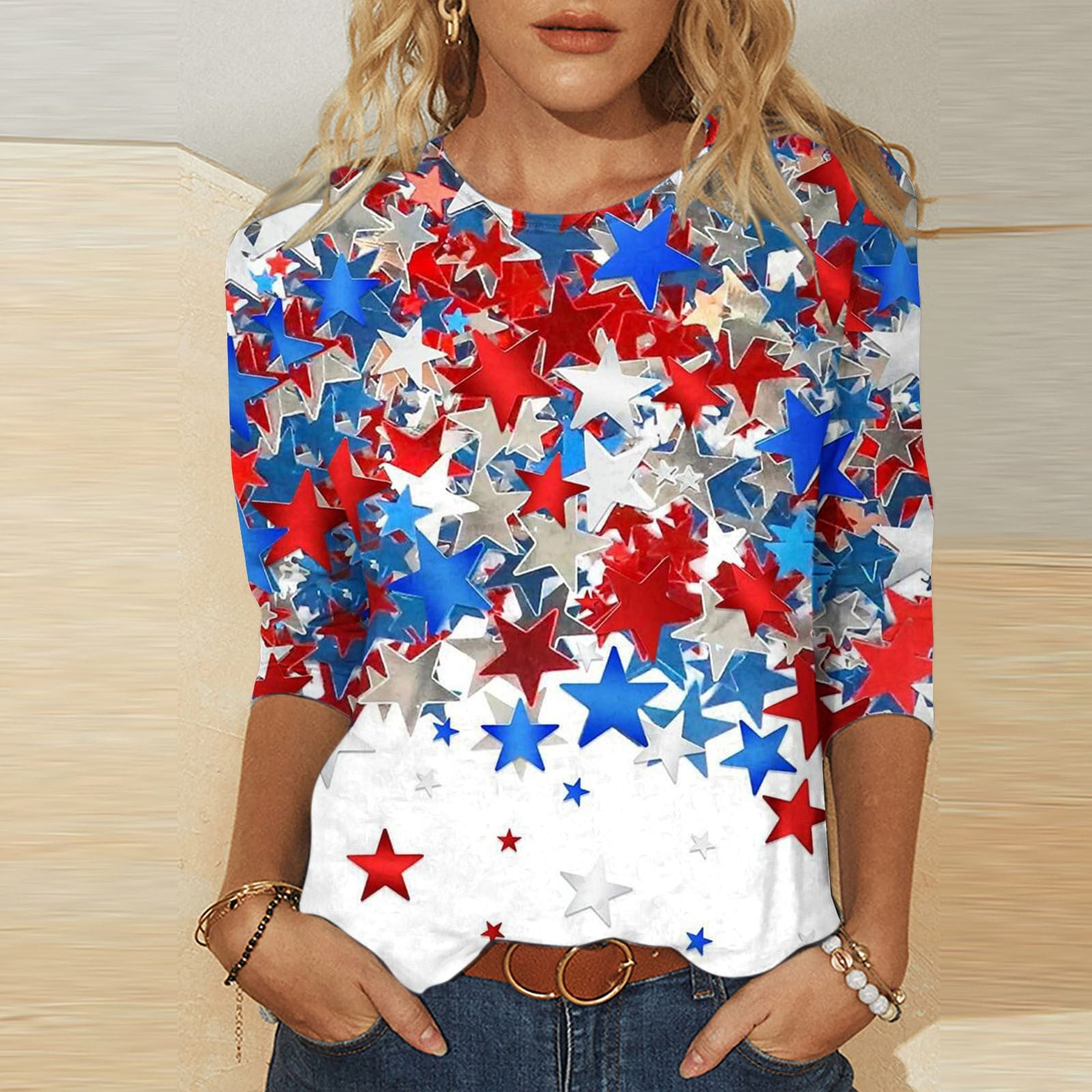 DODADAWANJ Fashion Red White and Blue Print T-shirt for Women Casual ...