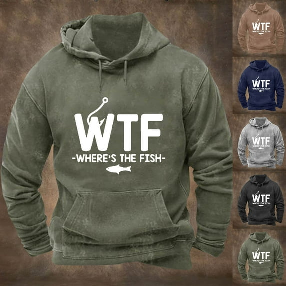 DODADAWANJ Where's the Fish Hoodies for Men Big and Tall Long Sleeve Hooded Pullover Tops Casual Loose Drawstring Hoodie Sweatshirts with Pocket Gray M