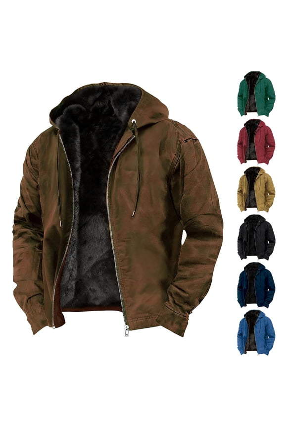 Fleece Jacket for Men Vintage Full Zip Warm Winter Jackets Big and Tall Drawstring with Hood Thick Coats Fashion Comfy Work Hoodie Green S