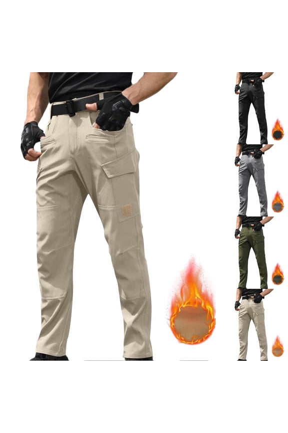 Fleece Lined Cargo Pants for Men Quick Dry Waterproof Stretch Tactical Pants with Multi Pockets Expandable Waist Sport Pants for Climbing Outdoor XXL