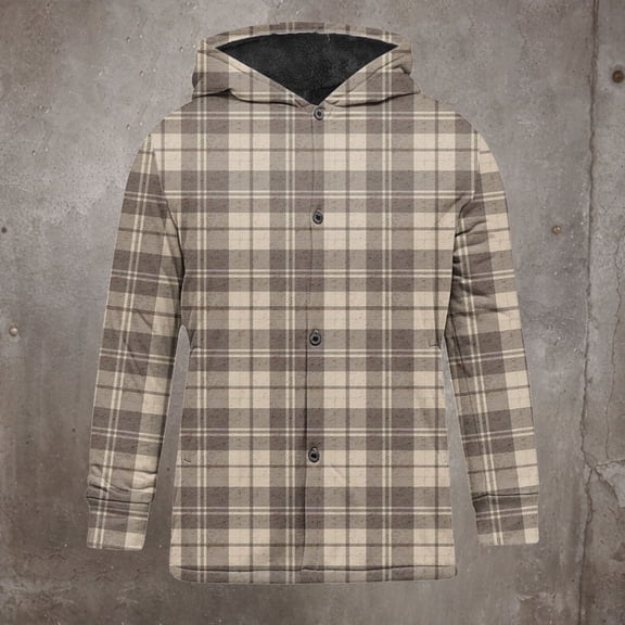 DODADAWANJ Fleece Lined Coats for Men Plaid Button Down Winter Fashion Jacket Big and Tall with Hood Loungewear Jackets Casual Party Hoodie Khaki XXXL