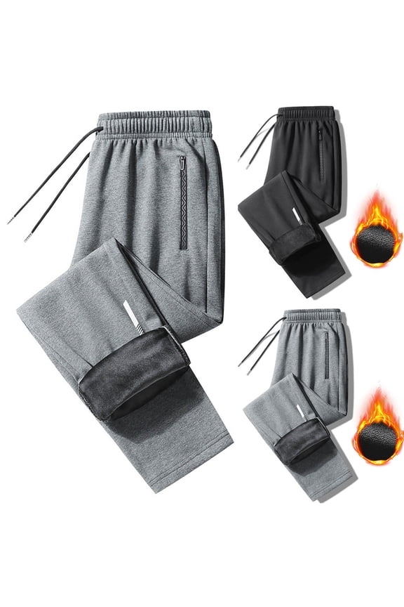 Fleece Lined Sweatpants for Men Open Bottom Thick Warm Winter Sweatpant Big and Tall Drawstring Elastic Waist Trousers Solid Color Wide Leg Sweatpants with Pockets Gray L