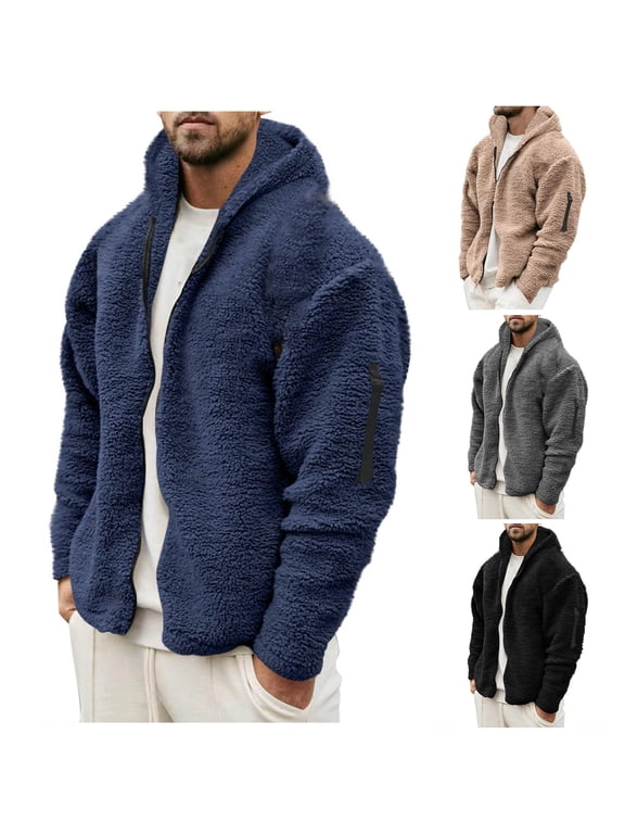 Fuzzy Fleece Jacket for Men Full Zip Big and Tall Hoodies Thermal Winter Hooded Jacket Warm Coat Khaki M