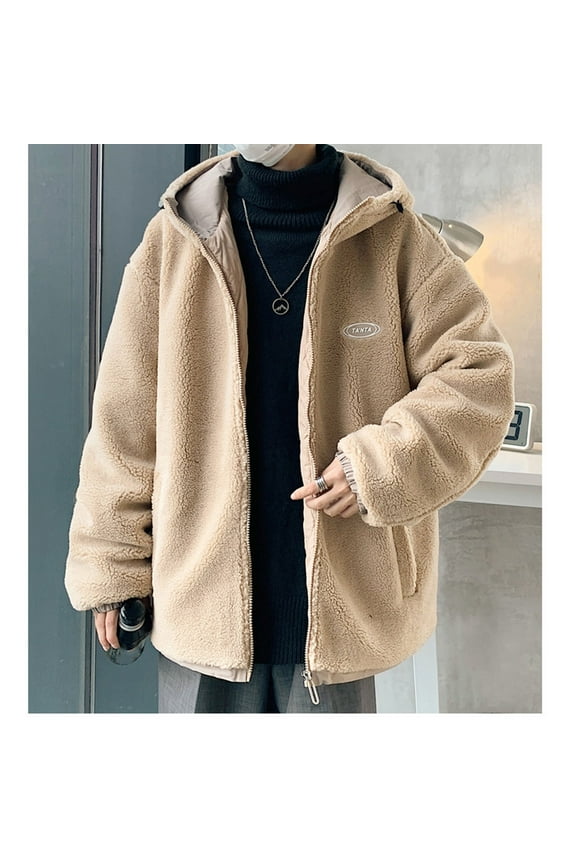 Fuzzy Fleece Jacket for Men Oversized Zip Up Winter Warm Jacket Big and Tall Solid Color Thick Hoodie Trendy Fall School Daily Coats L