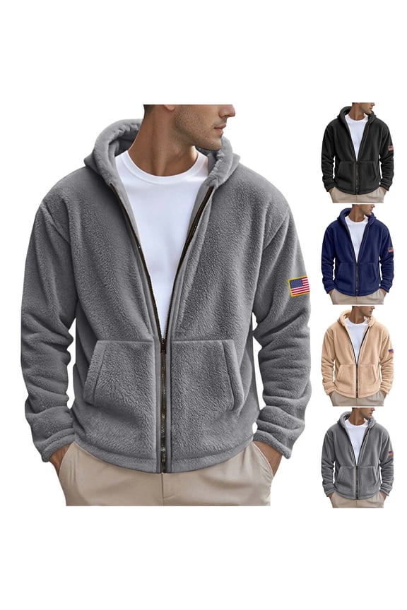 Fuzzy Fleece Jacket for Men USA Flag Zip Up Winter Jackets Big and Tall with Pocket Thermal Hoodie Activewear Warm Coats Khaki S
