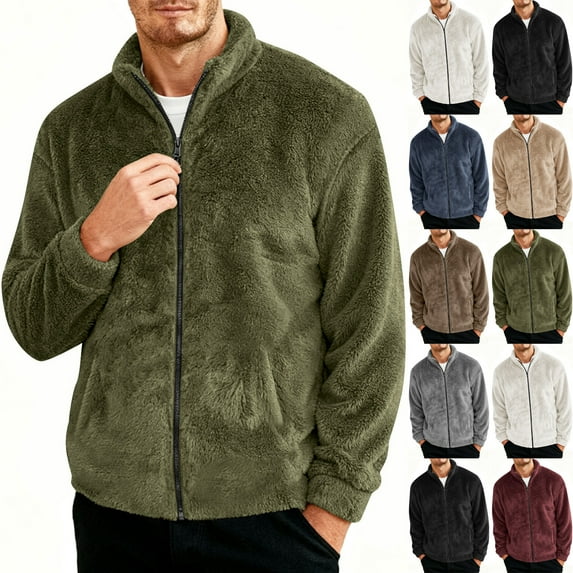 DODADAWANJ Fuzzy Fleece Jacket for Men Zip Up Winter Jackets Loose Fit Solid Color Thermal Outwear Casual Fall Warm Coat Army Green S
