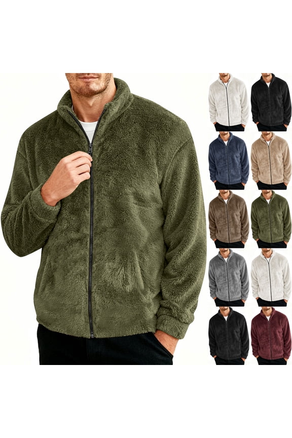 Fuzzy Fleece Jacket for Men Zip Up Winter Jackets Loose Fit Solid Color Thermal Outwear Casual Fall Warm Coat Black XL