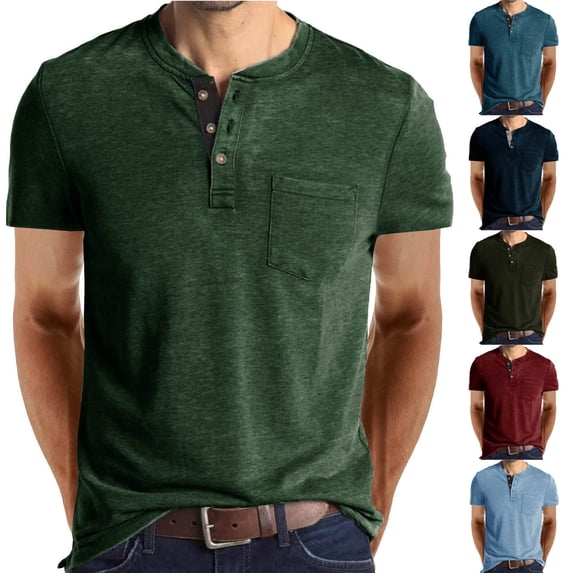 DODADAWANJ Henley Shirts Men Cotton Short Sleeve Workout Shirt Solid Color Round Neck Basic Tees for Summer T Shirts Army Green M