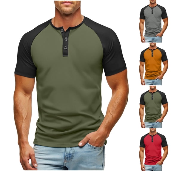 DODADAWANJ Henley Shirts for Men Big and Tall Short Sleeve Tshirts Color Block Graphic Tees Summer Casual Workout Tops Dark Gray XXL