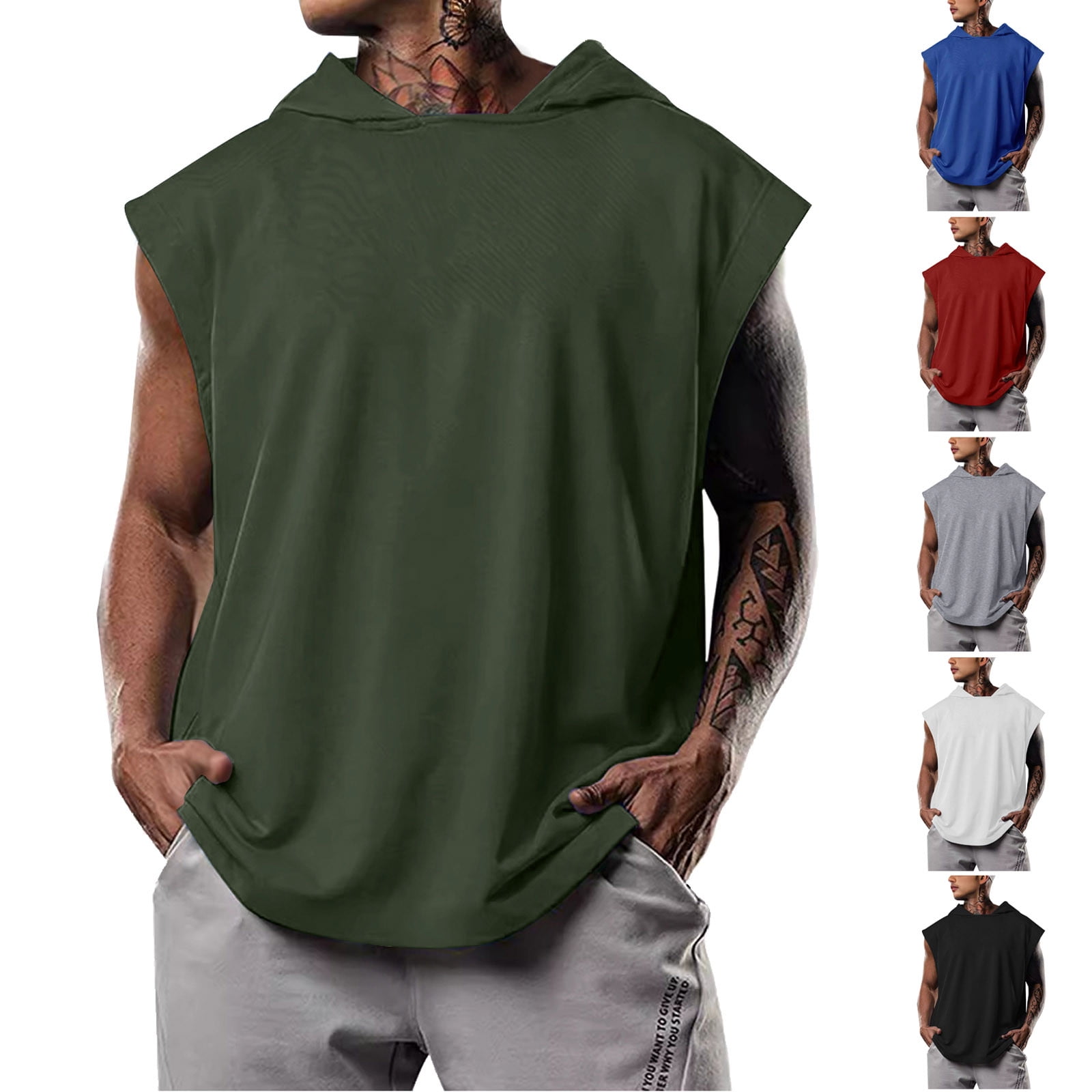 DODADAWANJ Hooded Tank Tops Men's Cap Sleeve Tank Top Crewneck Solid ...
