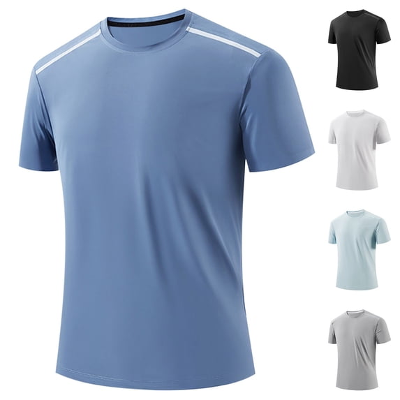 DODADAWANJ Ice Silk T Shirts for Men Quick Dry Short Sleeve Workout Tshirt Solid Color Round Neck Breathable Tees for Gym Sports Light Blue XL