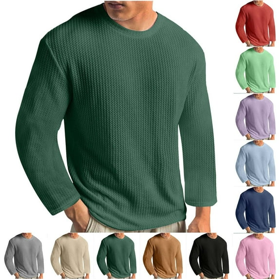 DODADAWANJ Knit Shirts for Men Long Sleeve Fall Shirt Loose Fit Round Neck T Shirts Solid Color Spring Workout Tees 2025 Green M