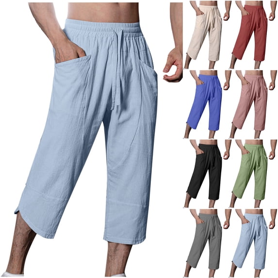 DODADAWANJ Linen Pants Men Capri Pant Loose Fit Breathable Summer Casual Below Knee Shorts Baggy Straight Leg 3/4 Pants Blue M