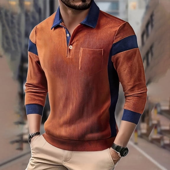DODADAWANJ Long Sleeve Shirts for Men Corduroy Button Up Lapel Shirt with Pocket Fashion Color Block Graphic T Shirts Brown XXXL