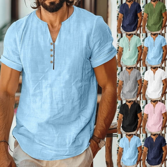 DODADAWANJ Men's Cotton Linen Button Shirt Casual Summer Short Sleeve Shirts Solid Color V Neck T Shirts Gray M