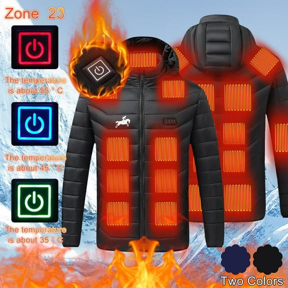 DODADAWANJ Men's Heated Jacket Smart Temp Control Electric Heated Jackets Full Zip Big and Tall Coats 23 Heating Zones Hood with Detachable Winter Heat Coat No Battery XXXL