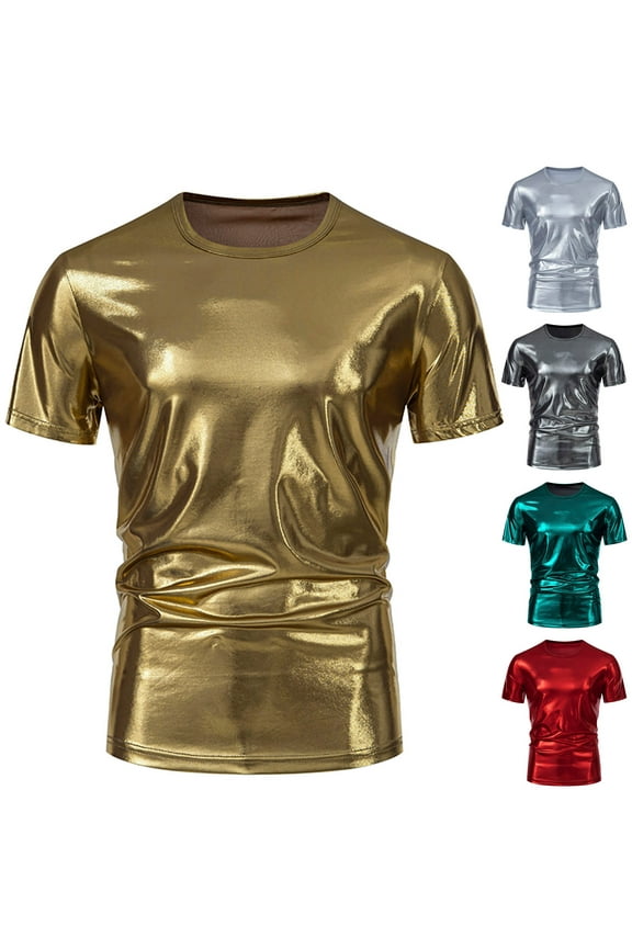 Men's Luxury Shiny Silk Like Satin Dress Shirt,Short Sleeve Casual Solid Color Shirts 70s Disco Party Shirts Clubwear