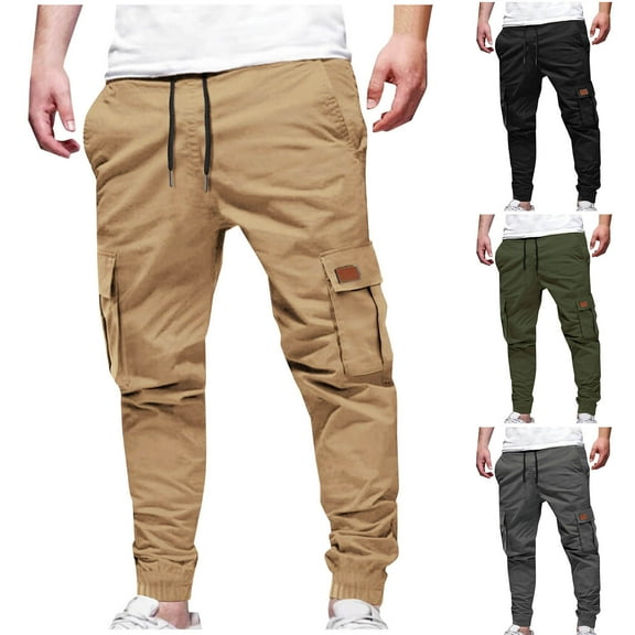 DODADAWANJ Men's Twill Cargo Pants Big and Tall Drawstring Elastic Waist Cargo Workout Pant Casual Elastic Bottom Joggers Pants with Multi Pockets Gray S