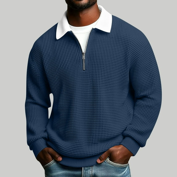 DODADAWANJ Men's Waffle Knit Shirts Casual Zip Up Shirt Solid Color Long Sleeve Collared Tops for Fall Spring Navy L