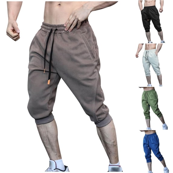 DODADAWANJ Mens 3/4 Pants Workout Jogger Capri Pant Big and Tall Below Knee Shorts Elastic Waist Sweatpants with Pockets Beige XXXL