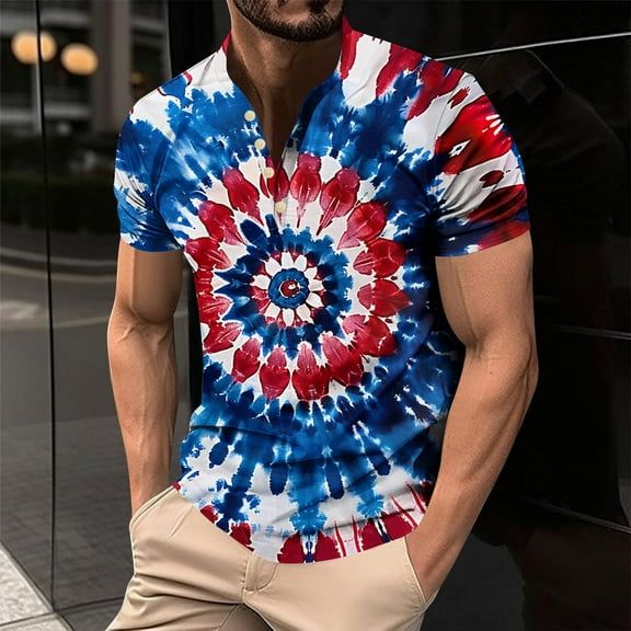 DODADAWANJ Mens Big and Tall Tie Dye T Shirts Red White and Blue Graphic Tees 4th of July Tshirt Loose Short Sleeve Henley Neck Tshirt Independence Day Patriotic Tees M
