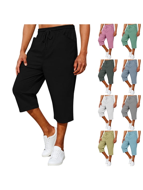 Mens Capris Drawstring Elastic Waist 3/4 Chino Pants Solid Color Hiking Outdoor Below Knee Long Shorts Summer Casual Capri Pant Sky Blue M