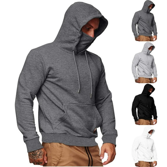 DODADAWANJ Mens Casual Workout Hoodies Big and Tall Long Sleeve Hooded Sweatshirts with Face Cover Mask Solid Color Drawstring Hoodie Pullover with Pocket Black M