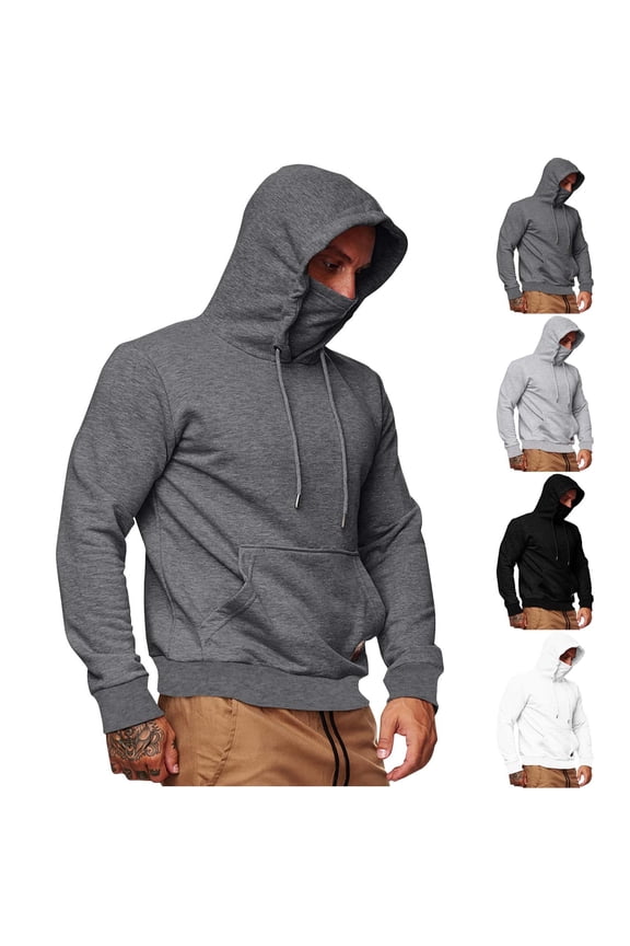 Mens Casual Workout Hoodies Big and Tall Long Sleeve Hooded Sweatshirts with Face Cover Mask Solid Color Drawstring Hoodie Pullover with Pocket Black XXL