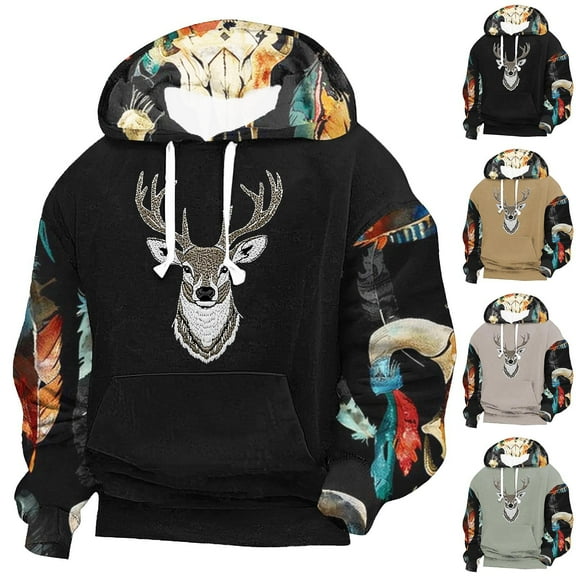 DODADAWANJ Mens Color Block Hoodies Deer Print Lace Up Casual Hoodie Big and Tall Long Sleeve Hooded Pullover for Hiking Jogging Winter XXXL