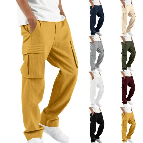 DODADAWANJ Mens Corduroy Cargo Pants with Multi Pockets Elastic Waist Casual Pants Big and Tall Soft Straight Leg Fitness Pants for Hiking Travel Jogging