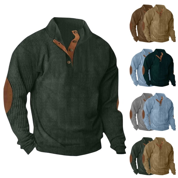 DODADAWANJ Mens Corduroy Shirts Long Sleeve Casual Henley Shirt Vintage Lapel Workout Shirt with Elbow Patched Solid Color Fitted T Shirts Multicolor XXXL