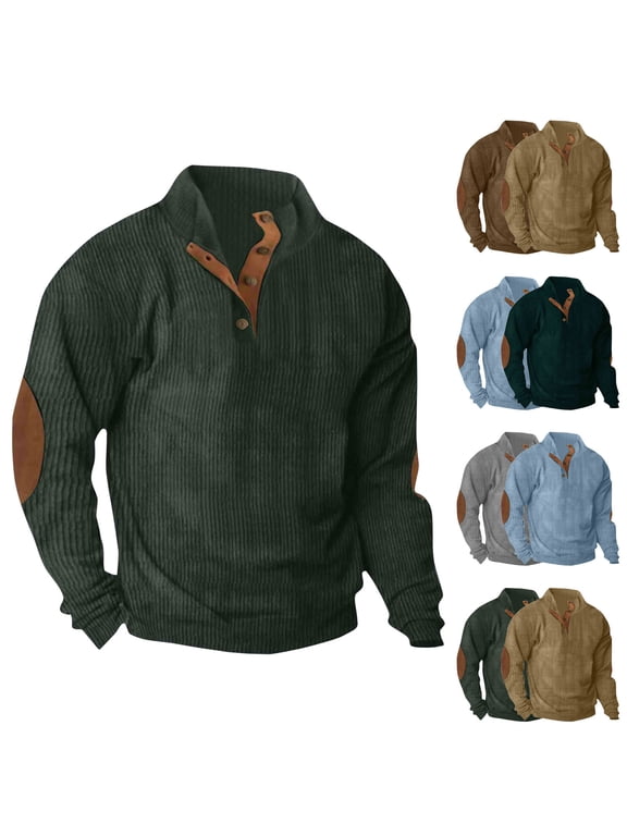 Mens Corduroy Shirts Long Sleeve Casual Henley Shirt Vintage Lapel Workout Shirt with Elbow Patched Solid Color Fitted T Shirts Multicolor XXXL